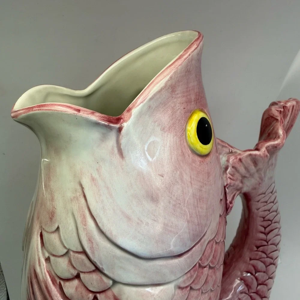 Vintage Fitz & Floyd Pink Fish‎ Pitcher Ceramic Seafood Nautical Large 10